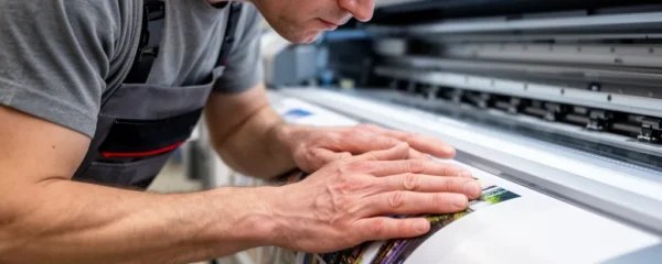 Technicien vérifiant qualité impression sur machine grand format dans atelier moderne