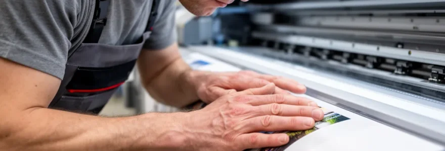 Technicien vérifiant qualité impression sur machine grand format dans atelier moderne