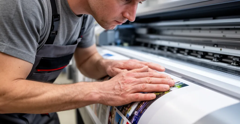 Technicien vérifiant qualité impression sur machine grand format dans atelier moderne