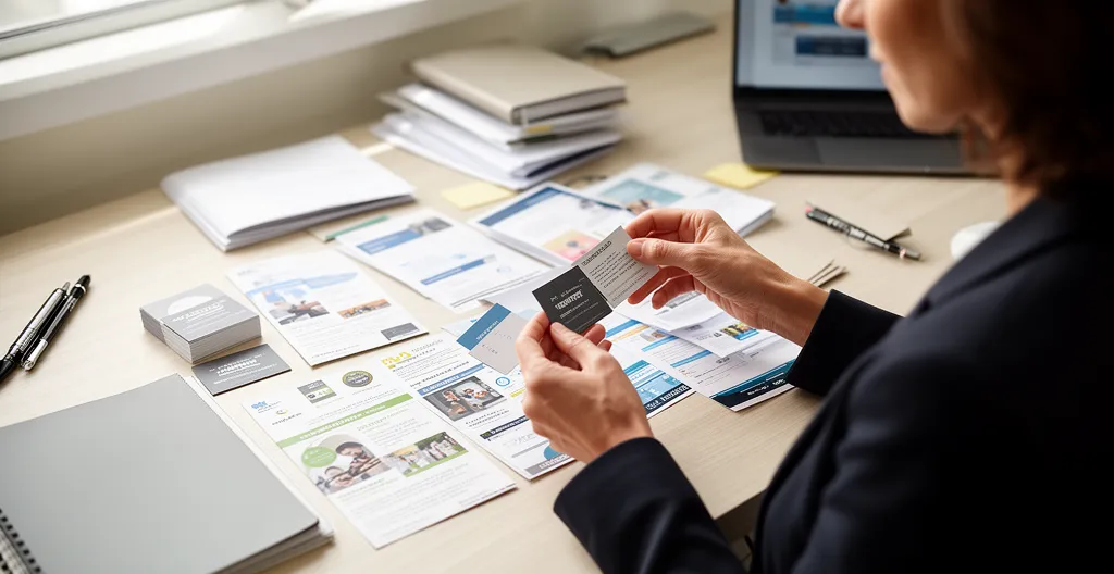 Responsable communication examinant différents échantillons de supports imprimés sur bureau