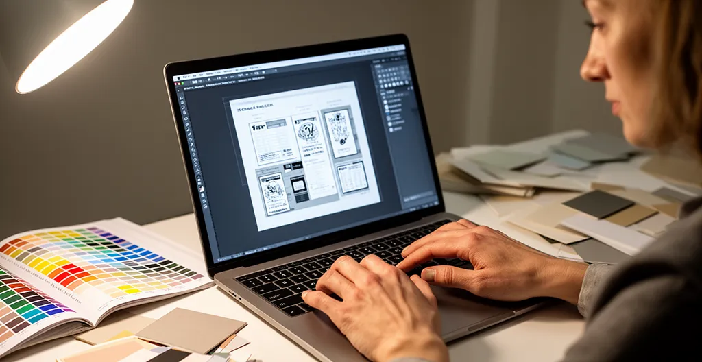 Graphiste travaillant sur ordinateur avec maquette impression visible à l'écran