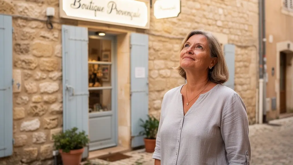 Commerçante devant sa boutique avec nouvelle enseigne lumineuse conforme à Avignon