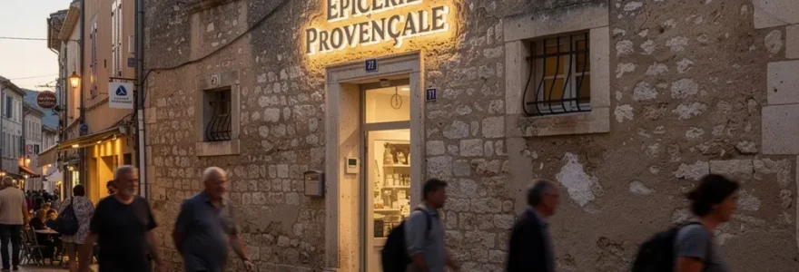 Enseigne lumineuse LED illuminant une façade de commerce provençal au crépuscule à Avignon