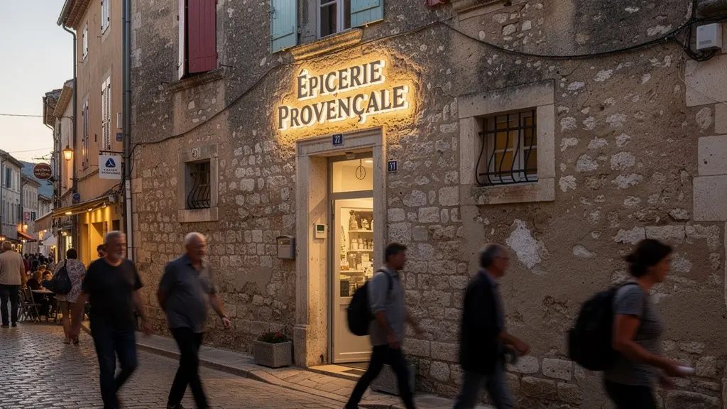 Enseigne lumineuse LED illuminant une façade de commerce provençal au crépuscule à Avignon