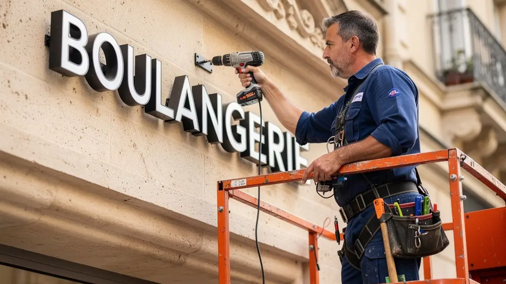 Technicien installant des lettres découpées rétroéclairées LED sur une façade commerciale provençale