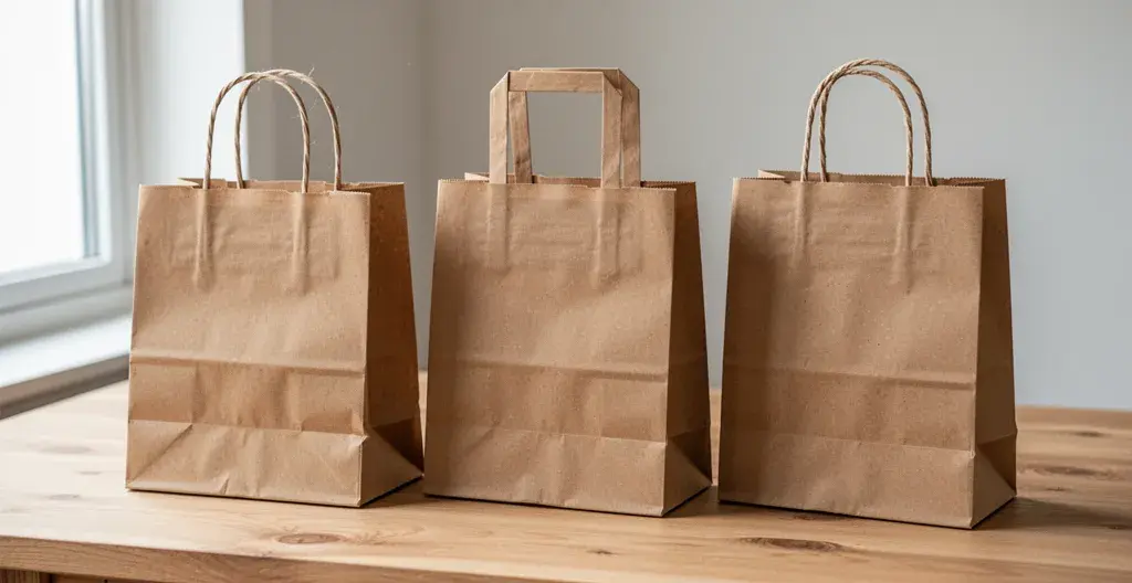 Trois sacs kraft alignés montrant les poignées torsadées, plates et cordelettes