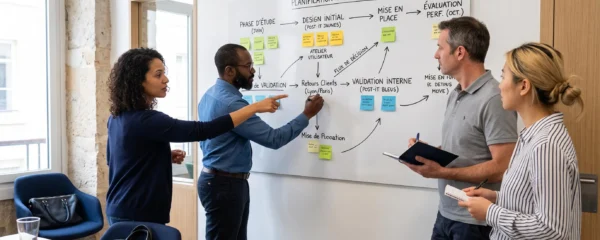Équipe de quatre professionnels debout devant un grand panneau magnétique blanc dans une salle de réunion moderne, organisant des post-its colorés et dessinant un schéma de processus au marqueur, avec lumière naturelle latérale et mobilier contemporain
