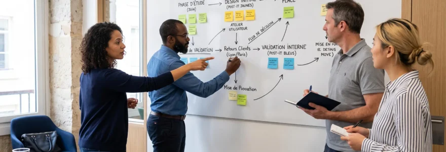 Équipe de quatre professionnels debout devant un grand panneau magnétique blanc dans une salle de réunion moderne, organisant des post-its colorés et dessinant un schéma de processus au marqueur, avec lumière naturelle latérale et mobilier contemporain