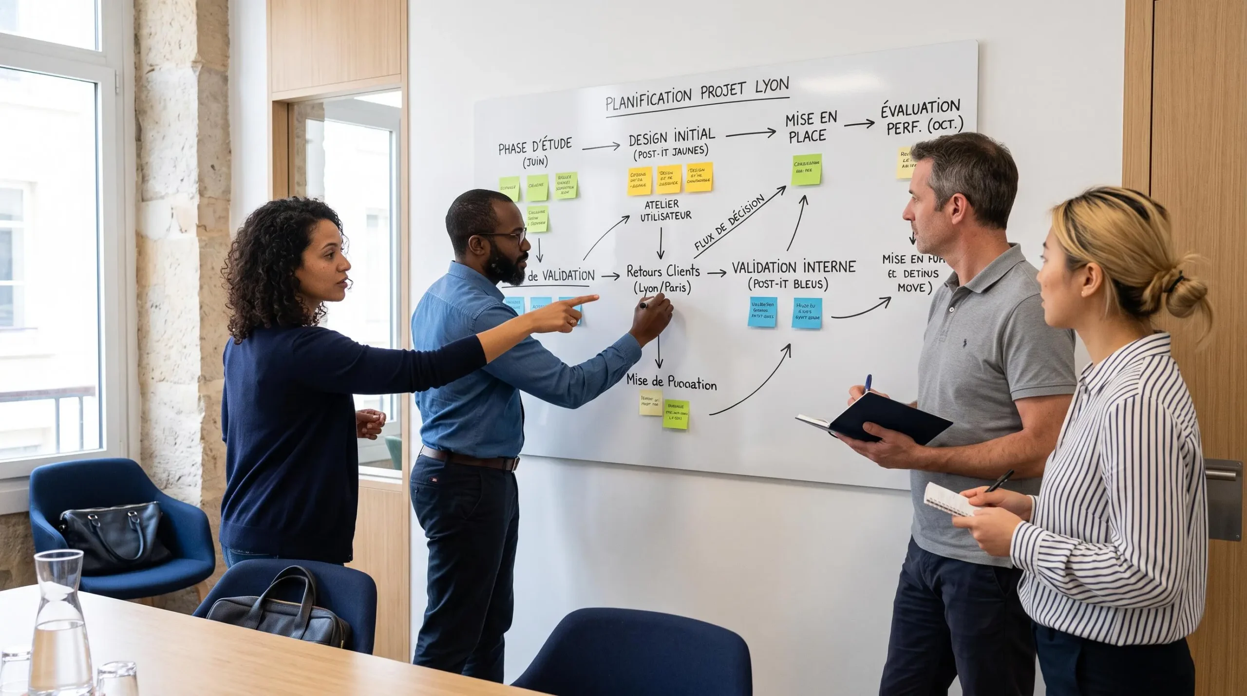 Équipe de quatre professionnels debout devant un grand panneau magnétique blanc dans une salle de réunion moderne, organisant des post-its colorés et dessinant un schéma de processus au marqueur, avec lumière naturelle latérale et mobilier contemporain