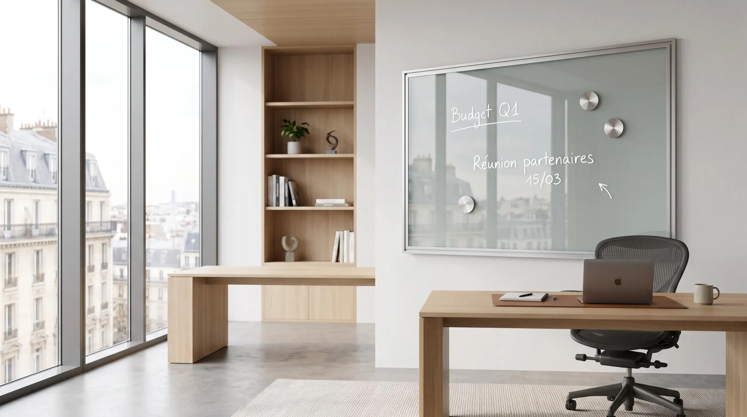 Panneau magnétique en verre transparent avec encadrement aluminium brossé fixé au mur d'un bureau de direction contemporain, montrant quelques annotations au marqueur blanc et aimants design, avec mobilier haut de gamme et lumière naturelle