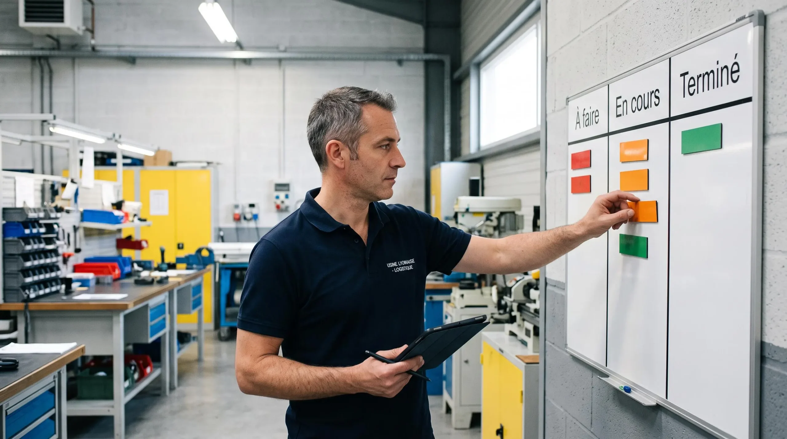 Responsable de production en tenue professionnelle déplaçant une étiquette magnétique colorée sur un panneau de suivi kanban dans une zone d'atelier industriel propre et bien éclairée